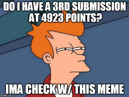 Futurama Fry | DO I HAVE A 3RD SUBMISSION AT 4923 POINTS? IMA CHECK W/ THIS MEME | image tagged in memes,futurama fry | made w/ Imgflip meme maker