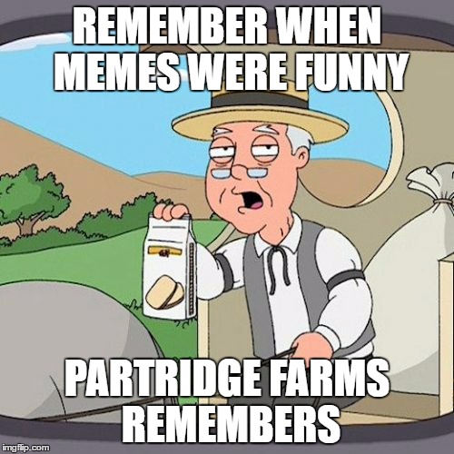 Pepperidge Farm Remembers | REMEMBER WHEN MEMES WERE FUNNY; PARTRIDGE FARMS REMEMBERS | image tagged in memes,pepperidge farm remembers | made w/ Imgflip meme maker