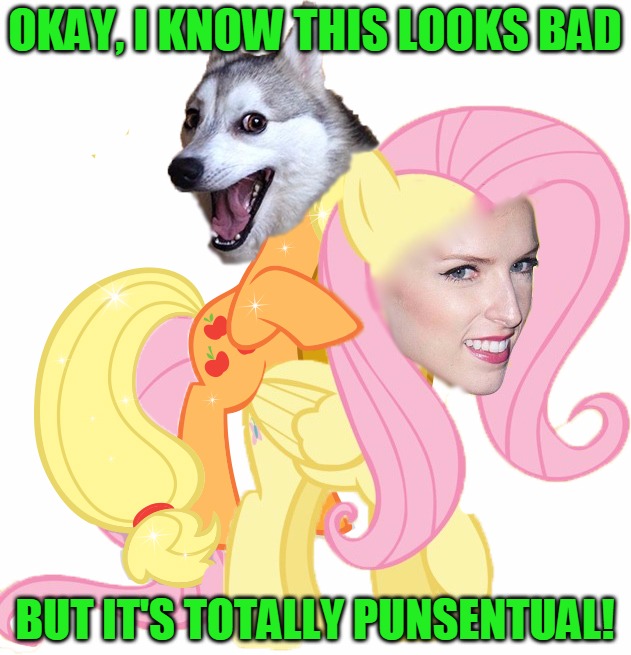 Bad (Pun) Ponies... | OKAY, I KNOW THIS LOOKS BAD; BUT IT'S TOTALLY PUNSENTUAL! | image tagged in memes,fluttershanna,bad pun anna kendrick,bad pun dog,bad pun ponies,headfoot | made w/ Imgflip meme maker