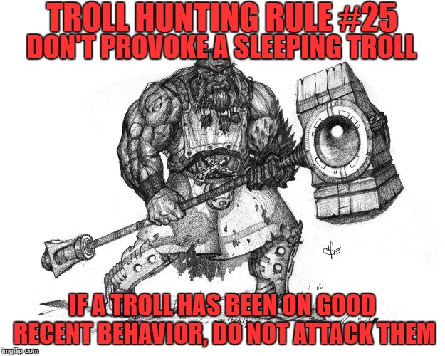 Troll Hunting Rule #25 | TROLL HUNTING RULE #25; DON'T PROVOKE A SLEEPING TROLL; IF A TROLL HAS BEEN ON GOOD RECENT BEHAVIOR, DO NOT ATTACK THEM | image tagged in troll smasher | made w/ Imgflip meme maker