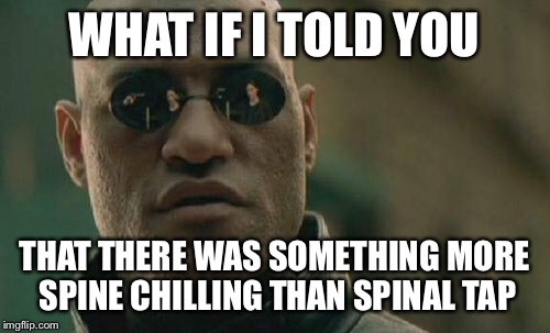 Matrix Morpheus Meme | WHAT IF I TOLD YOU; THAT THERE WAS SOMETHING MORE SPINE CHILLING THAN SPINAL TAP | image tagged in memes,matrix morpheus | made w/ Imgflip meme maker