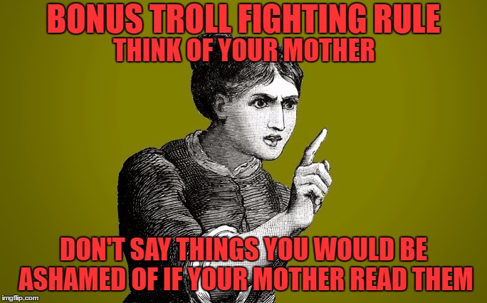 Bonus Troll Fighting Rule | BONUS TROLL FIGHTING RULE; THINK OF YOUR MOTHER; DON'T SAY THINGS YOU WOULD BE ASHAMED OF IF YOUR MOTHER READ THEM | image tagged in tsk tsk - woman | made w/ Imgflip meme maker