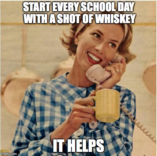 innocent mom | START EVERY SCHOOL DAY WITH A SHOT OF WHISKEY; IT HELPS | image tagged in innocent mom | made w/ Imgflip meme maker