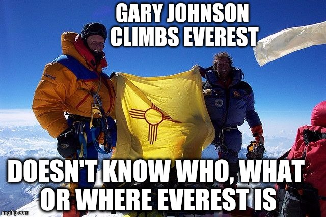 GARY JOHNSON CLIMBS EVEREST; DOESN'T KNOW WHO, WHAT OR WHERE EVEREST IS | image tagged in gary johnson | made w/ Imgflip meme maker