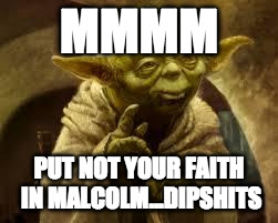 yoda | MMMM; PUT NOT YOUR FAITH IN MALCOLM...DIPSHITS | image tagged in yoda | made w/ Imgflip meme maker