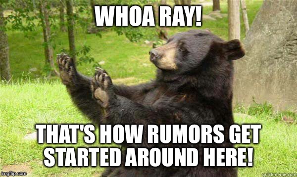No Bear Blank | WHOA RAY! THAT'S HOW RUMORS GET STARTED AROUND HERE! | image tagged in no bear blank | made w/ Imgflip meme maker