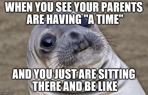 Awkward Moment Sealion Meme | WHEN YOU SEE YOUR PARENTS ARE HAVING "A TIME"; AND YOU JUST ARE SITTING THERE AND BE LIKE | image tagged in memes,awkward moment sealion | made w/ Imgflip meme maker