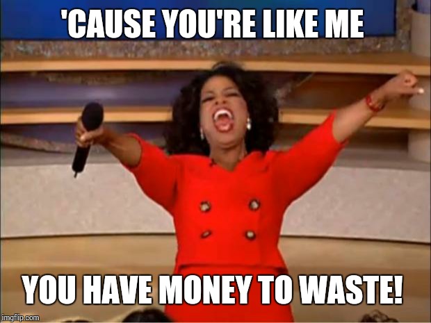 Oprah You Get A Meme | 'CAUSE YOU'RE LIKE ME YOU HAVE MONEY TO WASTE! | image tagged in memes,oprah you get a | made w/ Imgflip meme maker