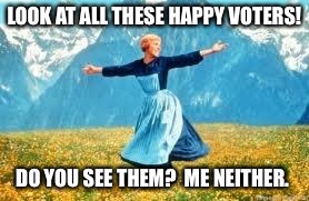 Sorry, they're not there.  And they're not happy about their choices.  | LOOK AT ALL THESE HAPPY VOTERS! DO YOU SEE THEM?  ME NEITHER. | image tagged in memes,look at all these,happy voters,election 2016,leongambetta,dank | made w/ Imgflip meme maker