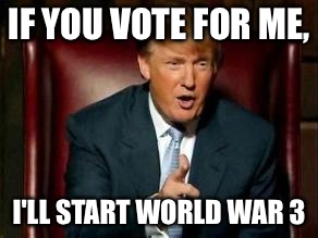 Donald Trump! 
KILL IT WITH FIRE!!!!!!! | IF YOU VOTE FOR ME, I'LL START WORLD WAR 3 | image tagged in donald trump | made w/ Imgflip meme maker