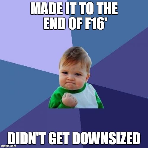 "Not getting laid off is the new raise" | MADE IT TO THE END OF F16'; DIDN'T GET DOWNSIZED | image tagged in memes,success kid | made w/ Imgflip meme maker