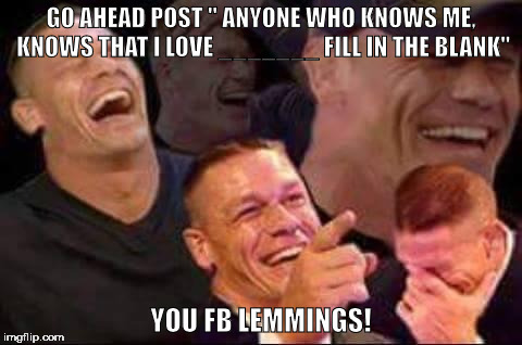 john cena laughing | GO AHEAD POST " ANYONE WHO KNOWS ME, KNOWS THAT I LOVE _______
FILL IN THE BLANK"; YOU FB LEMMINGS! | image tagged in john cena laughing | made w/ Imgflip meme maker