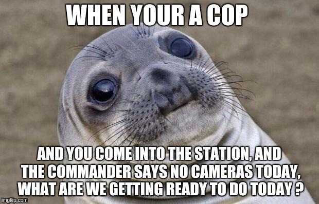 Awkward Moment Sealion | WHEN YOUR A COP; AND YOU COME INTO THE STATION, AND THE COMMANDER SAYS NO CAMERAS TODAY, WHAT ARE WE GETTING READY TO DO TODAY ? | image tagged in memes,awkward moment sealion | made w/ Imgflip meme maker
