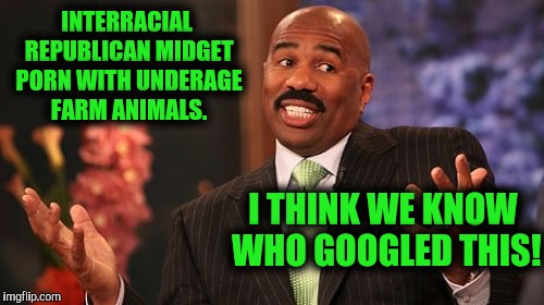Steve Harvey Meme | INTERRACIAL REPUBLICAN MIDGET PORN WITH UNDERAGE FARM ANIMALS. I THINK WE KNOW WHO GOOGLED THIS! | image tagged in memes,steve harvey | made w/ Imgflip meme maker