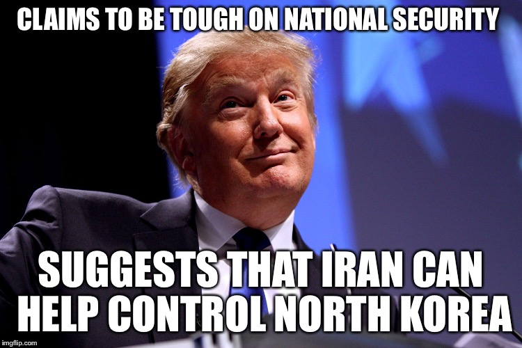 The dumbest idea from a campaign full of dumb ideas | CLAIMS TO BE TOUGH ON NATIONAL SECURITY; SUGGESTS THAT IRAN CAN HELP CONTROL NORTH KOREA | image tagged in donald trump no2 | made w/ Imgflip meme maker