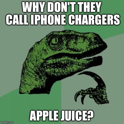 Philosoraptor Meme | WHY DON'T THEY CALL IPHONE CHARGERS; APPLE JUICE? | image tagged in memes,philosoraptor | made w/ Imgflip meme maker