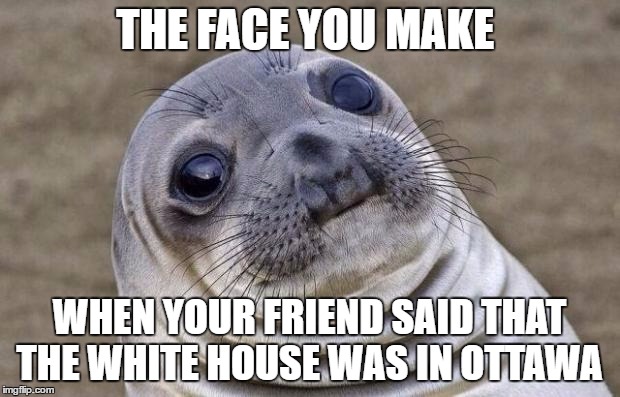 Awkward Moment Sealion Meme | THE FACE YOU MAKE; WHEN YOUR FRIEND SAID THAT THE WHITE HOUSE WAS IN OTTAWA | image tagged in memes,awkward moment sealion | made w/ Imgflip meme maker