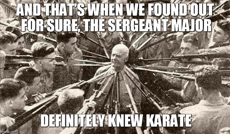 The Sergeant Major definitely knew Karate  | AND THAT’S WHEN WE FOUND OUT FOR SURE, THE SERGEANT MAJOR; DEFINITELY KNEW KARATE | image tagged in karate,drill sergeant,army,memes,funny memes,fml | made w/ Imgflip meme maker