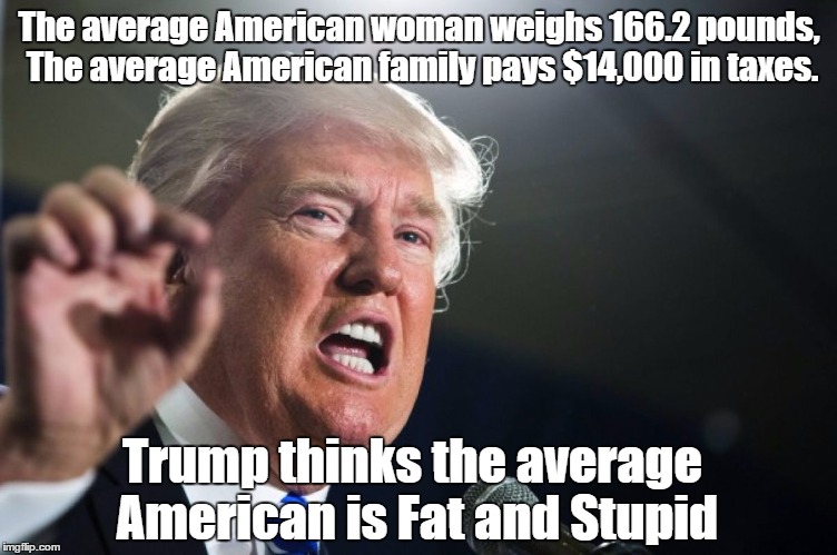donald trump | The average American woman weighs 166.2 pounds, The average American family pays $14,000 in taxes. Trump thinks the average American is Fat and Stupid | image tagged in donald trump | made w/ Imgflip meme maker