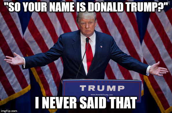 Donald Trump | "SO YOUR NAME IS DONALD TRUMP?"; I NEVER SAID THAT | image tagged in donald trump | made w/ Imgflip meme maker
