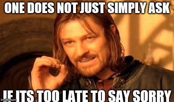 One Does Not Simply Meme | ONE DOES NOT JUST SIMPLY ASK; IF ITS TOO LATE TO SAY SORRY | image tagged in memes,one does not simply | made w/ Imgflip meme maker