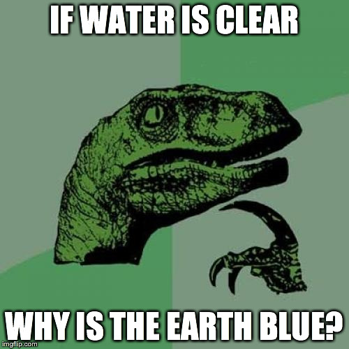 Philosoraptor | IF WATER IS CLEAR; WHY IS THE EARTH BLUE? | image tagged in memes,philosoraptor | made w/ Imgflip meme maker