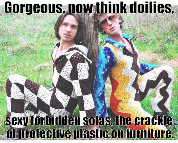 They both like, they both like .... crochet | Gorgeous, now think doilies, sexy forbidden sofas, the crackle of protective plastic on furniture. | image tagged in photoshoot,crochet,sexy | made w/ Imgflip meme maker