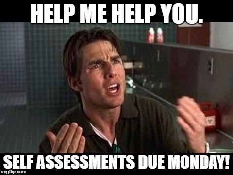 jerry maguire help me help youy | HELP ME HELP YOU. SELF ASSESSMENTS DUE MONDAY! | image tagged in jerry maguire help me help youy | made w/ Imgflip meme maker