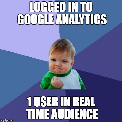 Success Kid Meme | LOGGED IN TO GOOGLE ANALYTICS; 1 USER IN REAL TIME AUDIENCE | image tagged in memes,success kid | made w/ Imgflip meme maker