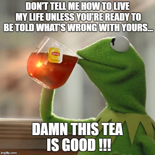 But That's None Of My Business Meme | DON'T TELL ME HOW TO LIVE MY LIFE UNLESS YOU'RE READY TO BE TOLD WHAT'S WRONG WITH YOURS... DAMN THIS TEA IS GOOD !!! | image tagged in memes,but thats none of my business,kermit the frog | made w/ Imgflip meme maker