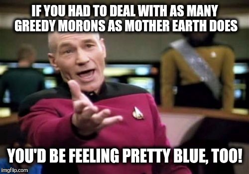 Picard Wtf Meme | IF YOU HAD TO DEAL WITH AS MANY GREEDY MORONS AS MOTHER EARTH DOES YOU'D BE FEELING PRETTY BLUE, TOO! | image tagged in memes,picard wtf | made w/ Imgflip meme maker