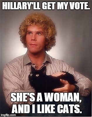 Right Meow. | HILLARY'LL GET MY VOTE. SHE'S A WOMAN, AND I LIKE CATS. | image tagged in hillary clinton,hillary,hillary clinton 2016,political meme | made w/ Imgflip meme maker