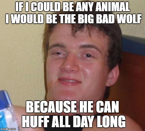 10 Guy Meme | IF I COULD BE ANY ANIMAL I WOULD BE THE BIG BAD WOLF; BECAUSE HE CAN HUFF ALL DAY LONG | image tagged in memes,10 guy | made w/ Imgflip meme maker