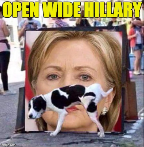 Dog Peeing On HIllary Clinton | OPEN WIDE HILLARY | image tagged in dog peeing on hillary clinton | made w/ Imgflip meme maker