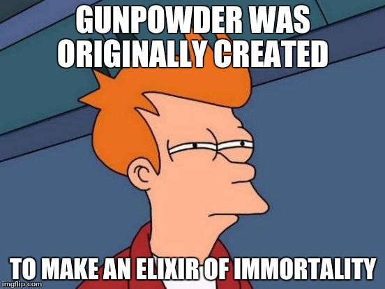 Futurama Fry | GUNPOWDER WAS ORIGINALLY CREATED; TO MAKE AN ELIXIR OF IMMORTALITY | image tagged in memes,futurama fry | made w/ Imgflip meme maker