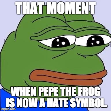 pepe | THAT MOMENT; WHEN PEPE THE FROG IS NOW A HATE SYMBOL. | image tagged in pepe | made w/ Imgflip meme maker