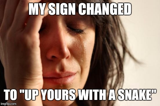 First World Problems | MY SIGN CHANGED; TO "UP YOURS WITH A SNAKE" | image tagged in memes,first world problems | made w/ Imgflip meme maker