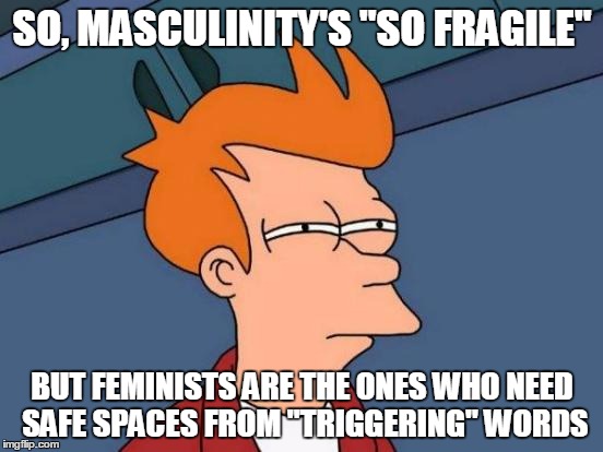 Futurama Fry | SO, MASCULINITY'S "SO FRAGILE"; BUT FEMINISTS ARE THE ONES WHO NEED SAFE SPACES FROM "TRIGGERING" WORDS | image tagged in memes,futurama fry | made w/ Imgflip meme maker