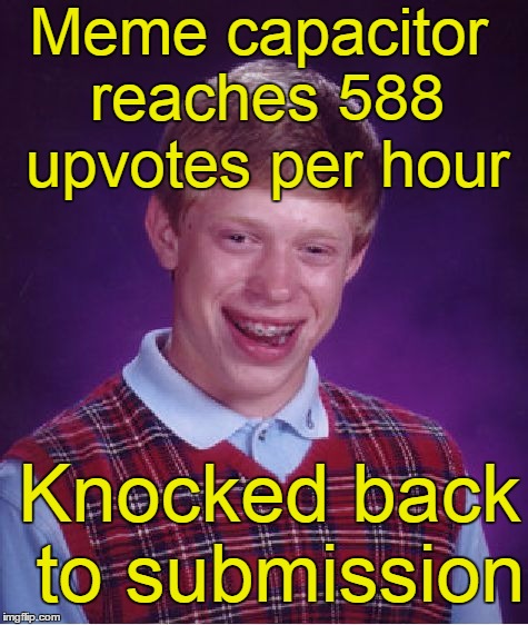 Bad Luck Brian Meme | Meme capacitor reaches 588 upvotes per hour Knocked back to submission | image tagged in memes,bad luck brian | made w/ Imgflip meme maker