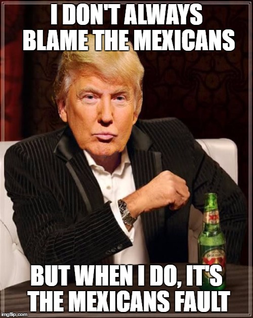 Trump Most Interesting Man In The World | I DON'T ALWAYS BLAME THE MEXICANS; BUT WHEN I DO, IT'S THE MEXICANS FAULT | image tagged in trump most interesting man in the world | made w/ Imgflip meme maker