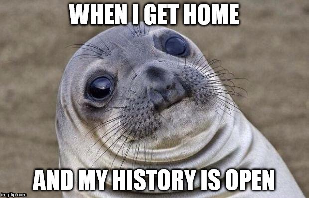 Awkward Moment Sealion | WHEN I GET HOME; AND MY HISTORY IS OPEN | image tagged in memes,awkward moment sealion | made w/ Imgflip meme maker
