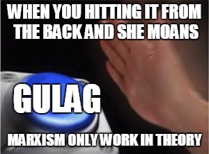 Blank Nut Button | WHEN YOU HITTING IT FROM THE BACK AND SHE MOANS; GULAG; MARXISM ONLY WORK IN THEORY | image tagged in blank nut button | made w/ Imgflip meme maker