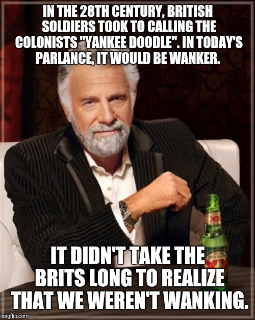 The Most Interesting Man In The World Meme | IN THE 28TH CENTURY, BRITISH SOLDIERS TOOK TO CALLING THE COLONISTS "YANKEE DOODLE". IN TODAY'S PARLANCE, IT WOULD BE WANKER. IT DIDN'T TAKE | image tagged in memes,the most interesting man in the world | made w/ Imgflip meme maker