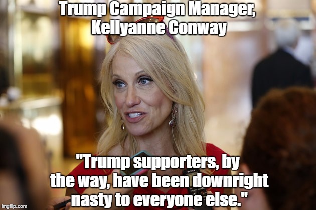 Trump Campaign Manager, Kellyanne Conway "Trump supporters, by the way, have been downright nasty to everyone else." | made w/ Imgflip meme maker