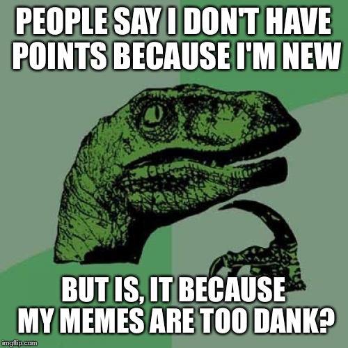 Philosoraptor | PEOPLE SAY I DON'T HAVE POINTS BECAUSE I'M NEW; BUT IS, IT BECAUSE MY MEMES ARE TOO DANK? | image tagged in memes,philosoraptor | made w/ Imgflip meme maker