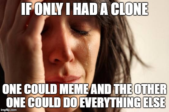 First World Problems Meme | IF ONLY I HAD A CLONE ONE COULD MEME AND THE OTHER ONE COULD DO EVERYTHING ELSE | image tagged in memes,first world problems | made w/ Imgflip meme maker