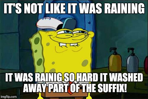Don't You Squidward Meme | IT'S NOT LIKE IT WAS RAINING IT WAS RAINIG SO HARD IT WASHED AWAY PART OF THE SUFFIX! | image tagged in memes,dont you squidward | made w/ Imgflip meme maker