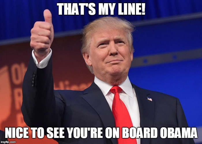 THAT'S MY LINE! NICE TO SEE YOU'RE ON BOARD OBAMA | image tagged in thumbs up trump | made w/ Imgflip meme maker