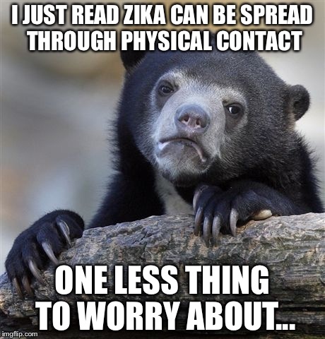 Just read that tonight | I JUST READ ZIKA CAN BE SPREAD THROUGH PHYSICAL CONTACT; ONE LESS THING TO WORRY ABOUT... | image tagged in memes,confession bear,zika | made w/ Imgflip meme maker