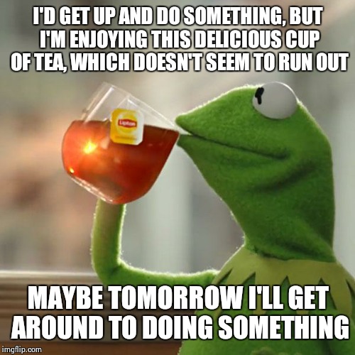 But That's None Of My Business Meme | I'D GET UP AND DO SOMETHING, BUT I'M ENJOYING THIS DELICIOUS CUP OF TEA, WHICH DOESN'T SEEM TO RUN OUT MAYBE TOMORROW I'LL GET AROUND TO DOI | image tagged in memes,but thats none of my business,kermit the frog | made w/ Imgflip meme maker